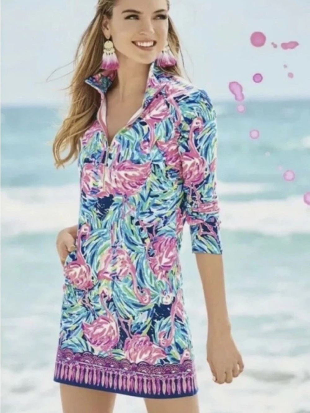 Lilly Pulitzer Pink Blue Flamingo Popover Beach French Terry Dress XS WORN 2X - Picture 1 of 6